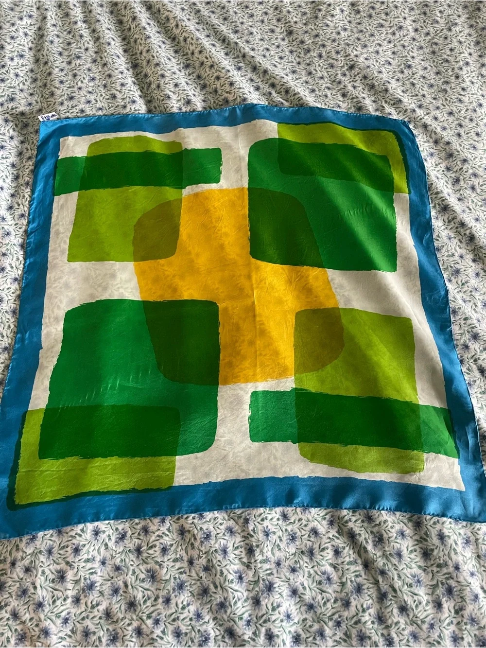 Vintage Silk Rayon Scarf 26” Square Abstract Geometric Green Blue Yellow